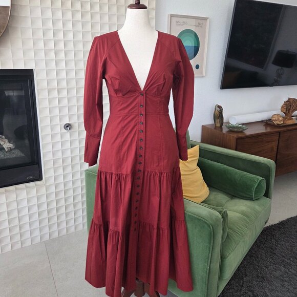 NWOT A.L.C. Fleur Long-Sleeve Tiered Cotton Dress Maroon Deep Red Suma, Size 10 - Picture 2 of 9